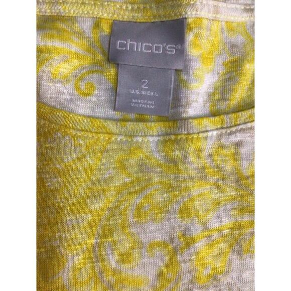 Chicos Size 2 Top Yellow White Linen Short Sleeve Blouse with Fringe Womens L - Picture 5 of 9